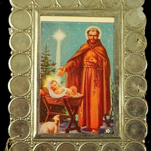 Carte Saint François d'assise avec l'enfant Jésus pour crèche de Noël fait main vintage