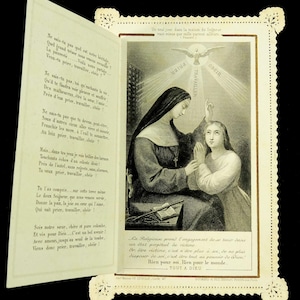 Nonne Vocation Vie religieuse Antique Carte sainte pliante Dentelle Canivet Français à deux volets