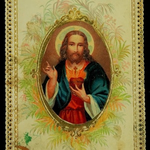Carte sacrée antique faite main de sacré-coeur de Jésus sans collage de dorure d'or du texte