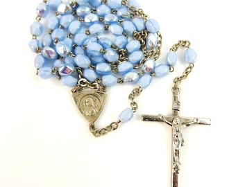 Our Lady of Lourdes St Bernadette Rosary Smooth Blue Iridescent Beads