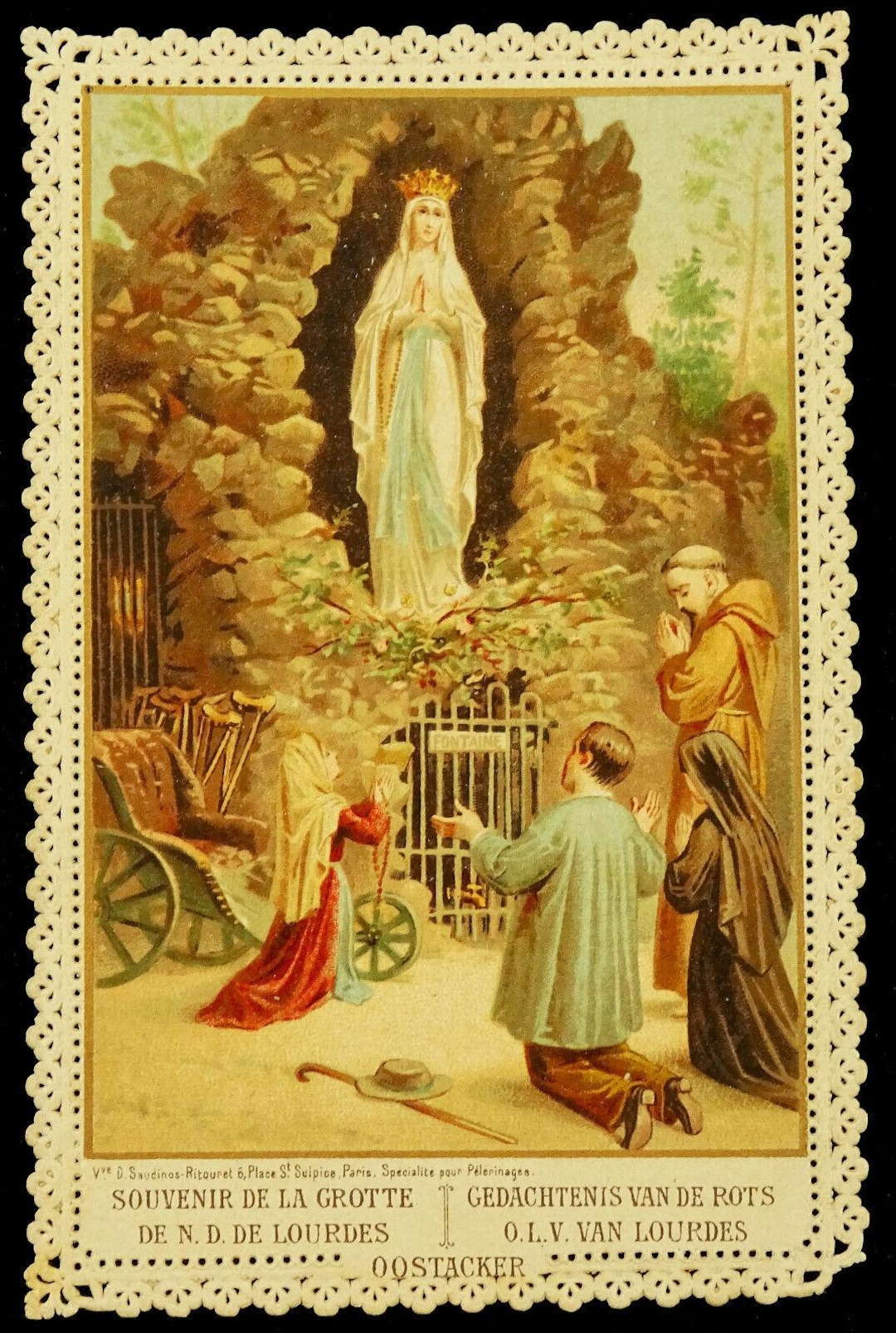 Our Lady of Lourdes Antique Lace Holy Card Color Wheelchair French ...