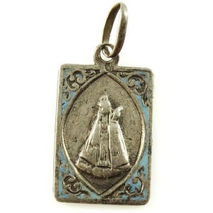 Notre Dame Our Lady Fourviere Silver Pendant Blue Enamel Vintage Medal Madonna
