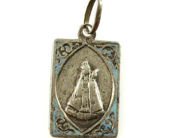 Notre Dame Our Lady Fourviere Silver Pendant Blue Enamel Vintage Medal Madonna