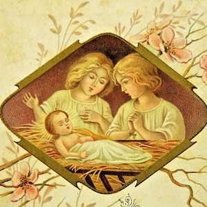 L'Enfant Jésus dans la crèche avec les enfants Carte sainte antique Nativité de Noël français