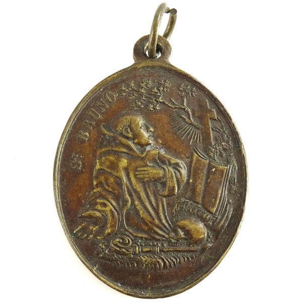 Saint St Bruno Antique Medal 1800s France Bronze? Large Pendant Miraculous Medal