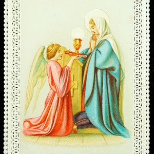 Vierge Marie avec ange et calice bordure en dentelle antique carte sacrée Français Canivet