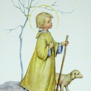 Jeune garçon Jésus Walking Lamb vintage années 1960 Carte de prière pour enfants NOS