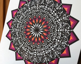 Original Mandala, Psychedelic Art, Op Art, Mandala, Black Light Art, 9x12 Wall Art, Geometric Art, Optical Art, Mandala Art, Trippy Art