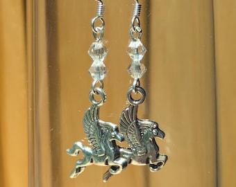 Pegasus Crystal Earrings: Silver Horse Charms