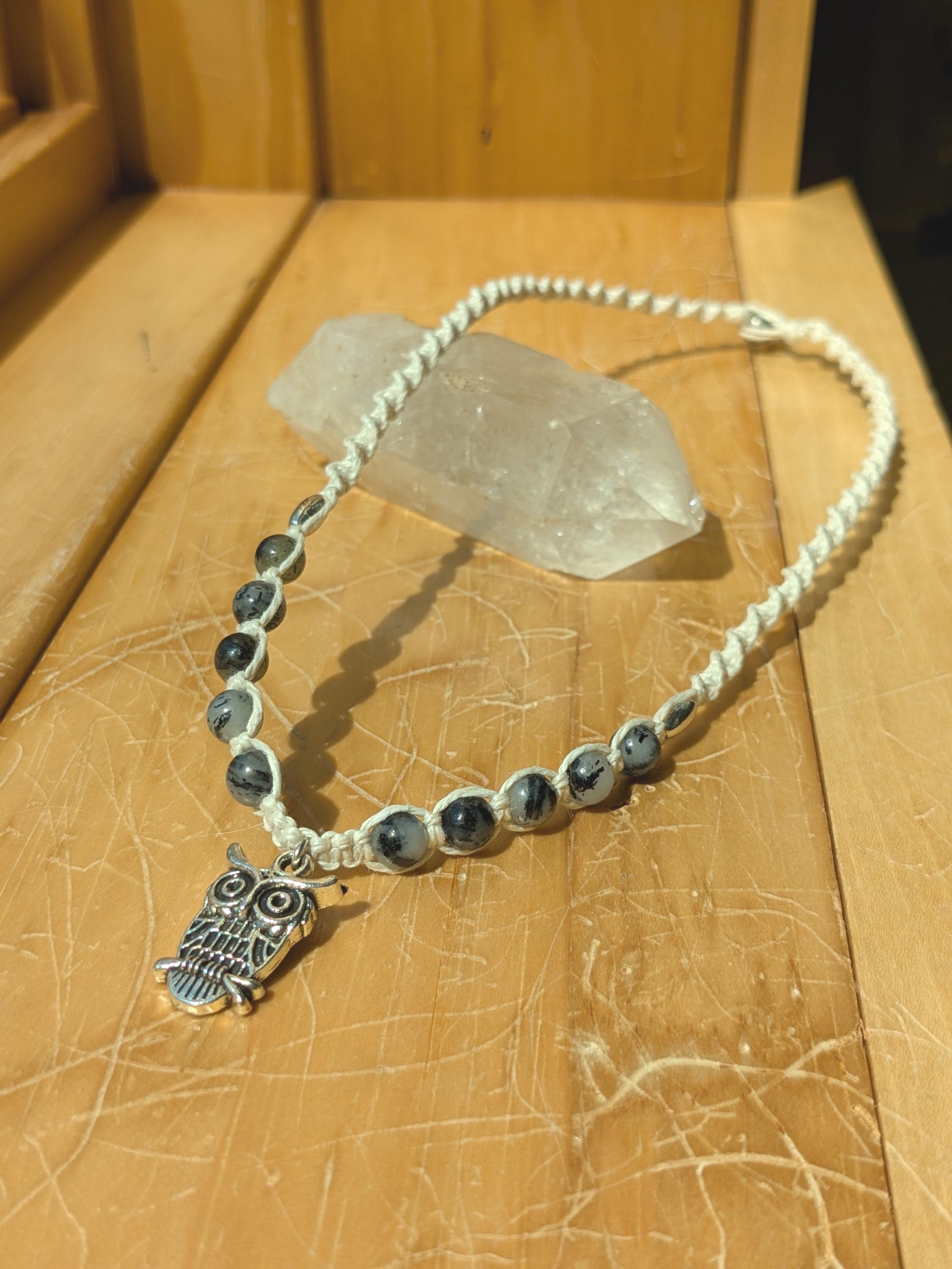 Silver Owl Necklace, Owl Necklace, Owl Hemp Necklace, Quartz Bead Necklace, Owl Gift, Quartz Bead Je