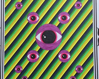Eye Bots Psychedelic Art Print: Black Light Reactive, 14x17 Sharpie Art