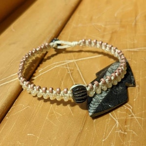 Handmade Bone Bead Hemp Bracelet: Matte Pink & Cream Seed Beads