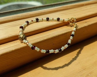 Gold Garnet Beaded Bracelet: Antiqued Toggle Clasp Jewelry