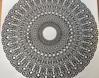 Psychedelic Art, Op Art, Mandala Art, Geometric Art, Original Mandala, Pen and Ink Art, Sharpie Art, 18 x 24 Wall Art, Black and White Art