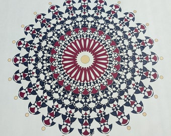 Art original du mandala, art 15 x 15, mandala sans cadre, dessin de mandala, art mandala, mandala bleu et rouge, art psychédélique, art méditatif