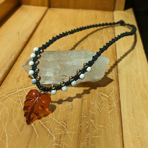 Glass Leaf Pendant Necklace: Hemp, Howlite & Brass