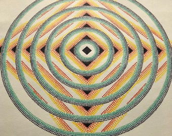 May include: A colorful abstract painting with a circular design. The painting is made up of small dots in shades of yellow, orange, red, green, and blue. The dots are arranged in concentric circles, creating a hypnotic effect.