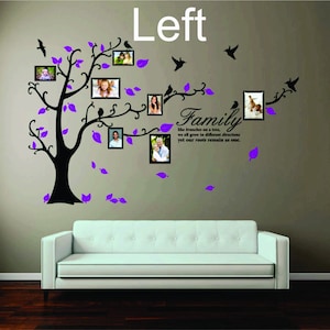 May include: Black silhouette of a tree with branches extending out to the sides. The branches have purple leaves and photo frames with pictures of people. The text "Family" is written on the wall with a quote about family being like branches on a tree.