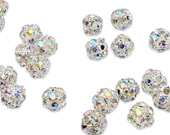 20/40Pcs 6mm Round Silver Hollow AB Rhinestone and Metal Jewelry Beads Bulk Pack BEA1350