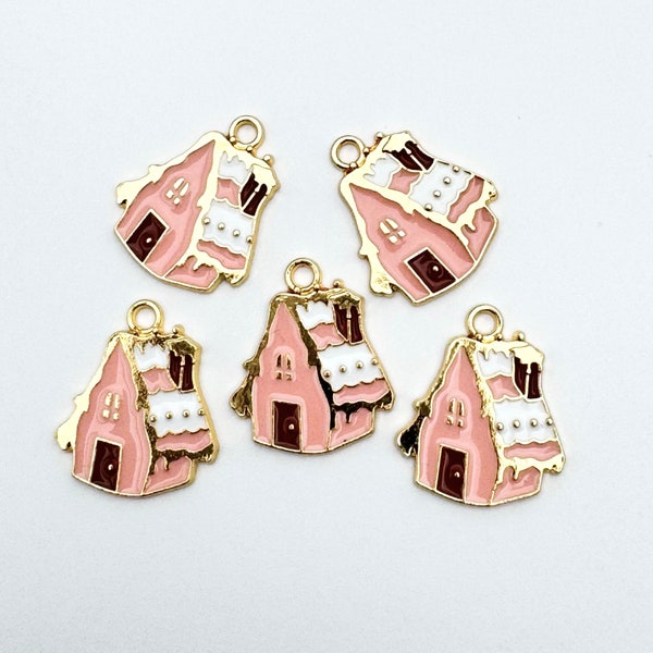 5/10Pcs Pink Enamel Christmas Snow House Pendant Charms For Jewelry Making, 19mm Bulk Pack CHA1996