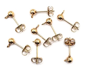 8/16Pcs 24k Gold Plated Stainless Steel Earring Ball Stud with Loop Findings and Ear Nut Backing, Golden Colour 4mm - FIN1283