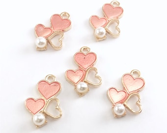 5/10Pcs Enamel Pink Heart Charms For Jewelry Making, 19mm Bulk Pack CHA1341
