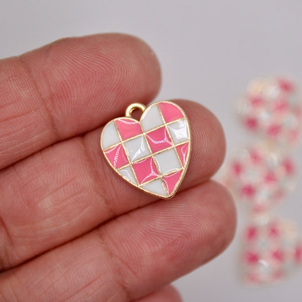 5/10Pcs Enamel Pink Checkered Heart Charms For Jewelry Making, 18mm Bulk Pack CHA1761B light