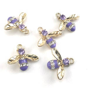 5/10Pcs Enamel Purple Bee Jewelry Pendant Charms With Rhinestones, 17mm CHA1391