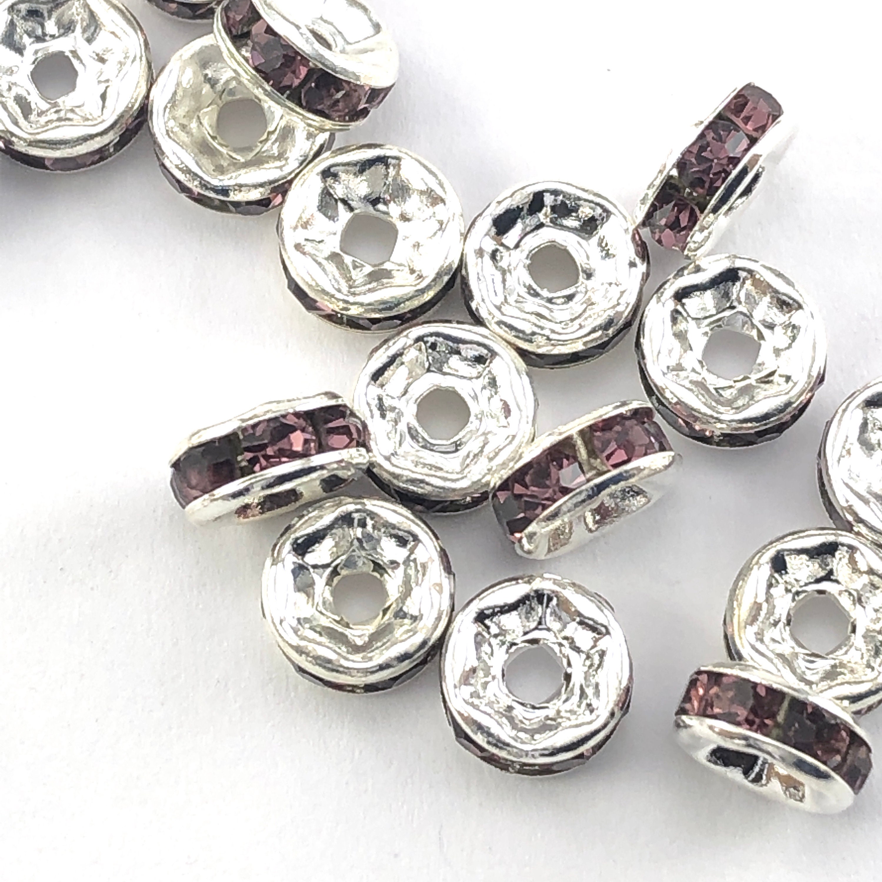 50 Pack 6mm Crystal Purple Rhinestone and Silver Rondelle Spacer