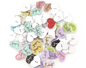 Heart Love Wood Buttons, 25mm - 10 Pack