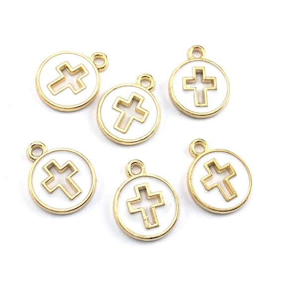 6/12pcs Enamel White and Gold Cross Pendant Charms for Jewelry Making,  Baptism and Communion Favours, 15mm Bulk Pack CHA1728 