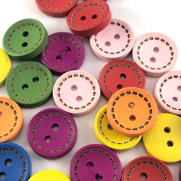 Round Multi Colour Wooden Buttons, 15mm  - 30 Pack BUT1069