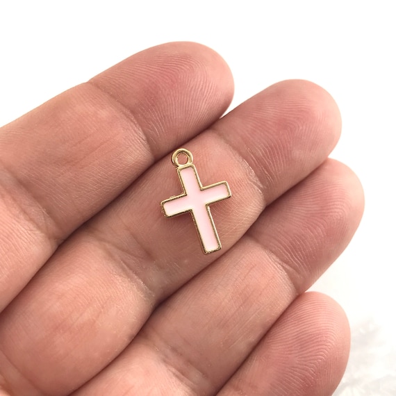 6/12pcs Pink and Gold Enamel Cross Pendant Charms for Jewelry Making,  Baptism and Communion Favours 16mm Bulk Pack CHA1382 