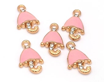 5/10Pcs Enamel Pink Umbrella Rhinestone Charms, 17mm, Jewelry Making Pendant Charms, Bulk Pack CHA1822