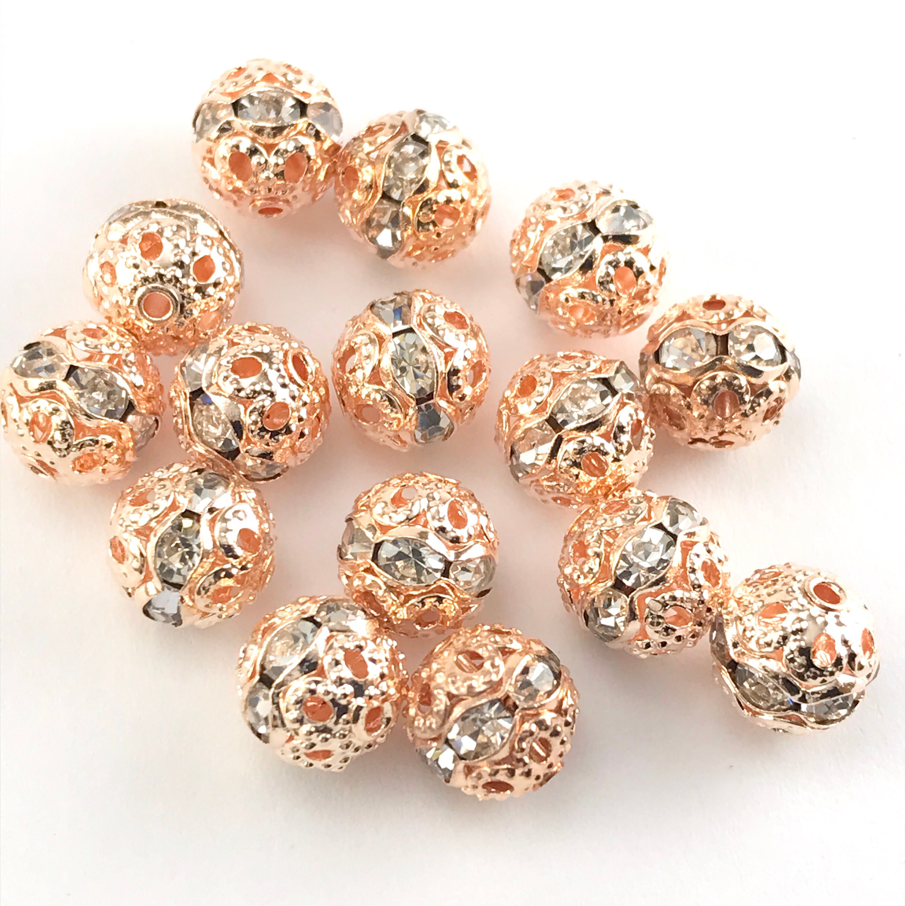 30 Pack 8mm Round Rose Gold Beads With Rhinestones Jewelry Etsy