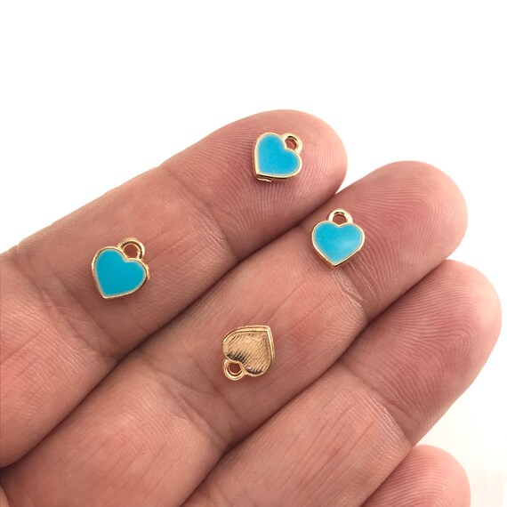 15/30pcs Enamel Blue Heart Charms for Jewelry Making, 7mm Bulk