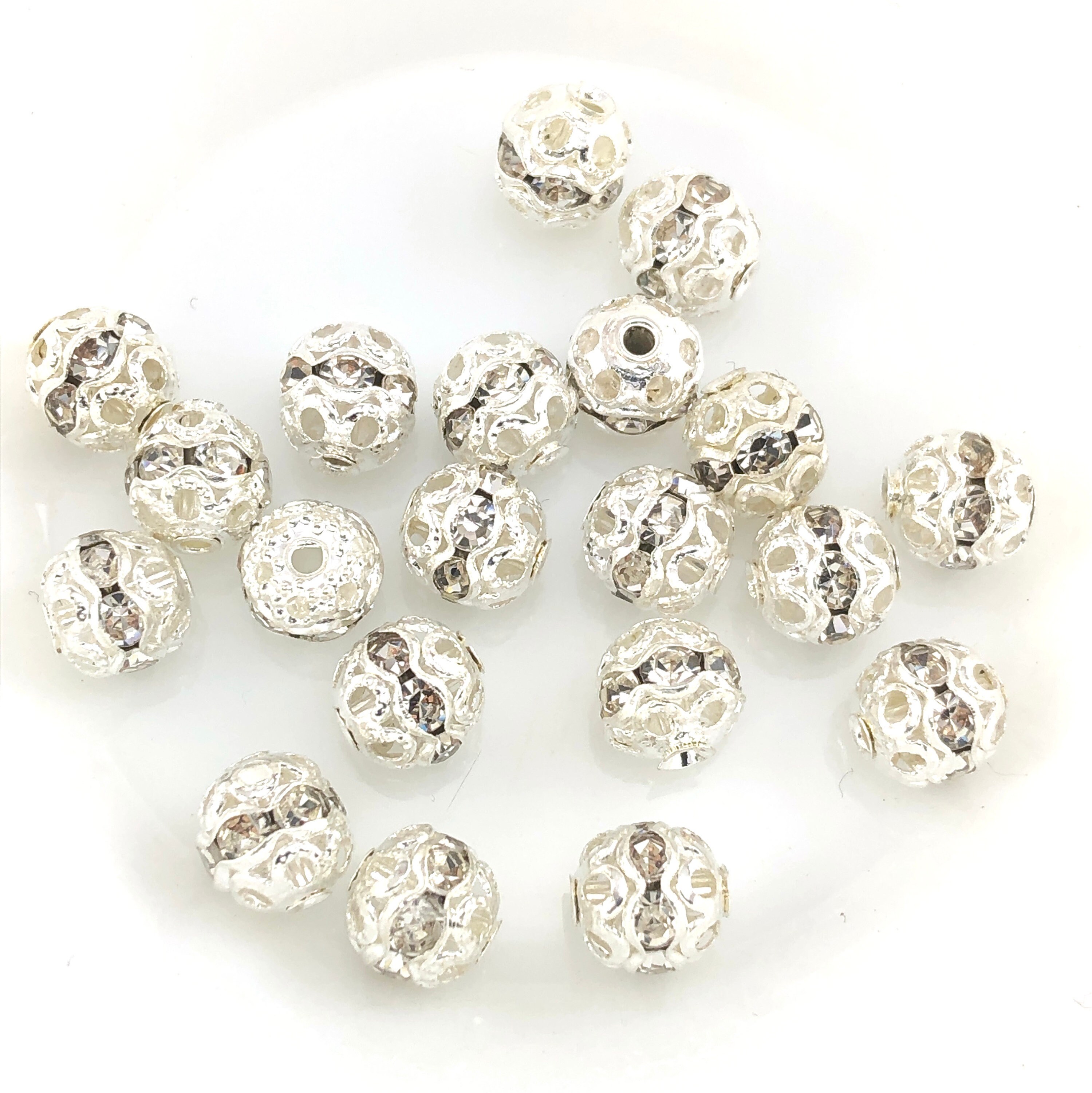 40 Pack 6mm Round Silver Beads With Rhinestone Jewelry Beads Etsy