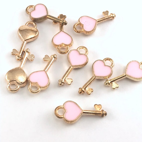 10/20Pcs Pink Enamel Key Heart Jewelry Pendant Charms, 16mm, Bulk Pack CHA1340