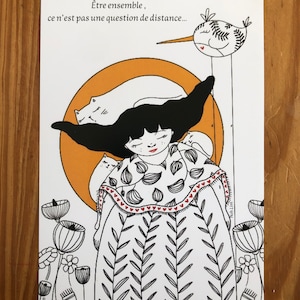 Carte postale bouille de lune, oiseau, chat, fleurs message
