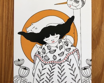 Carte postale bouille de lune, oiseau, chat, fleurs message