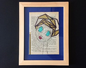 Illustration - collage posca on book page - "Joyful" Big eyed girl