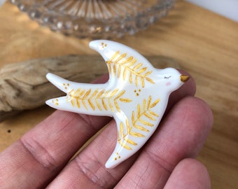 Broche unique Oiseau Plume en argile polymère fait main poétique