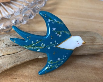 Unique Feather Bird brooch in poetic handmade polymer clay