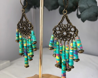 Upcycled ethnic style paper beaded earrings