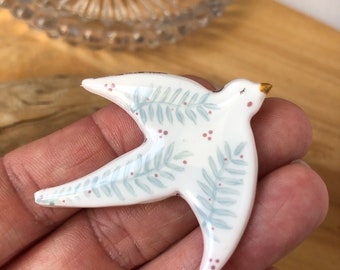 Unique Feather Bird brooch in poetic handmade polymer clay