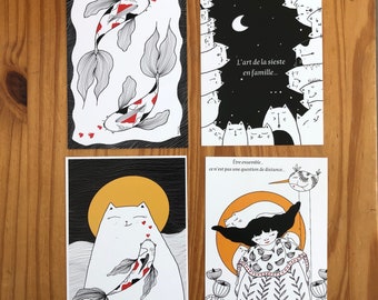 Lot 4 Cartes postales carpe koi, chat, bouille, oiseau, fleurs, style poetique