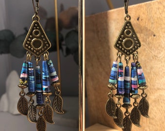 Upcycled ethnic style paper beaded earrings