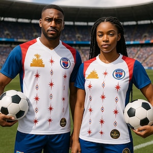 May include: A white soccer jersey with red and blue sleeves, featuring a repeating pattern of red stars and circular emblems. The chest displays a gold emblem, a circular crest, and a small circular patch with the text HAITI. Each holds a soccer ball.