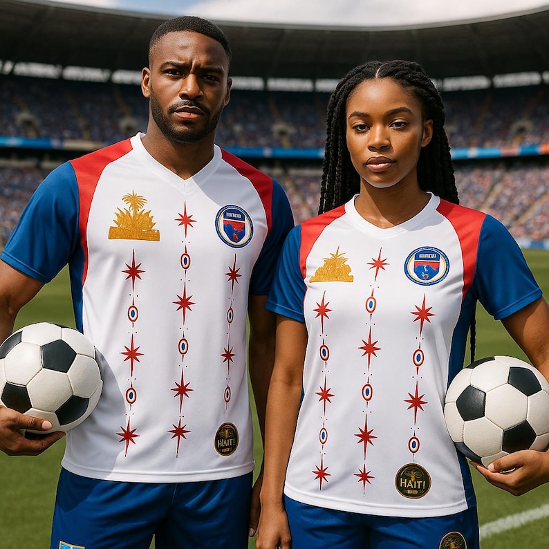May include: A white soccer jersey with red and blue sleeves, featuring a repeating pattern of red stars and circular emblems. The chest displays a gold emblem, a circular crest, and a small circular patch with the text HAITI. Each holds a soccer ball.