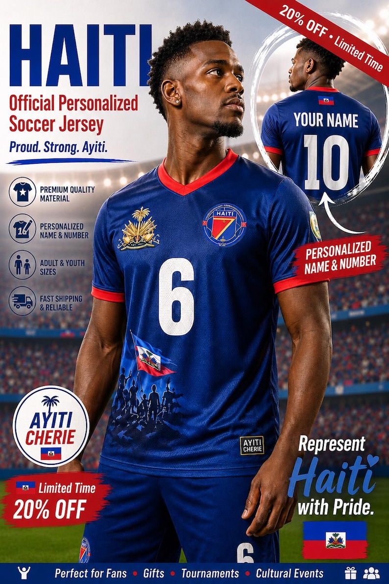 May include: A dark blue soccer jersey featuring the number 6 in white on the chest, a red collar and sleeve trim, the Haiti national emblem, and a graphic of people holding the Haitian flag. The back displays the number 10 and text YOUR NAME.